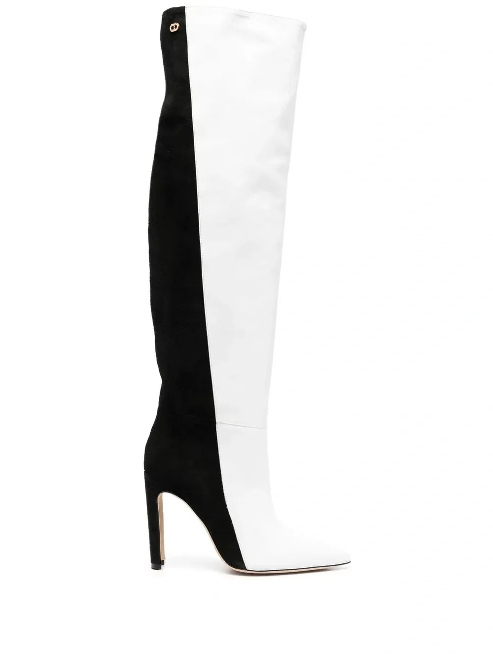 DEE OCLEPPO Alexandra Two-Tone Knee-High Leather & Suede Boots in Black & White